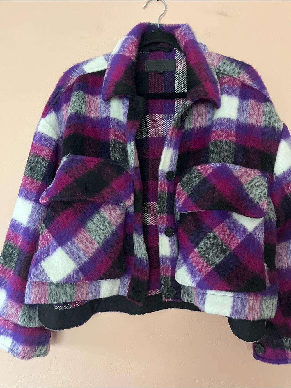 Blank NYC Plaid Cropped Buttoned Jacket Purple Gray Black Size Small